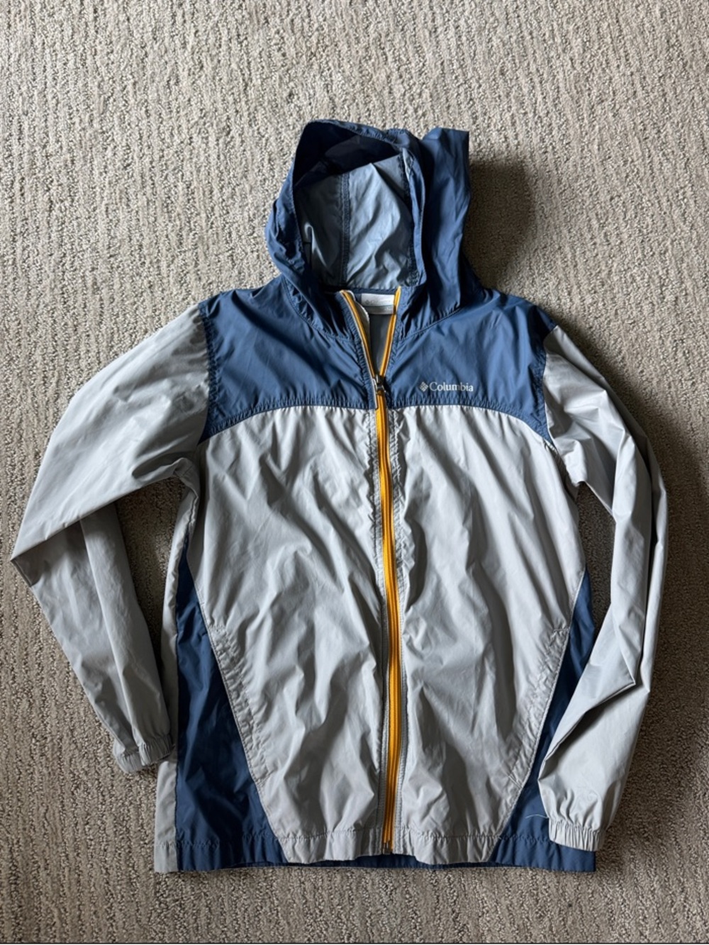 Columbia Boy’s Hooded Two-Tone Windbreaker in Gray, Navy & Yellow Zipper